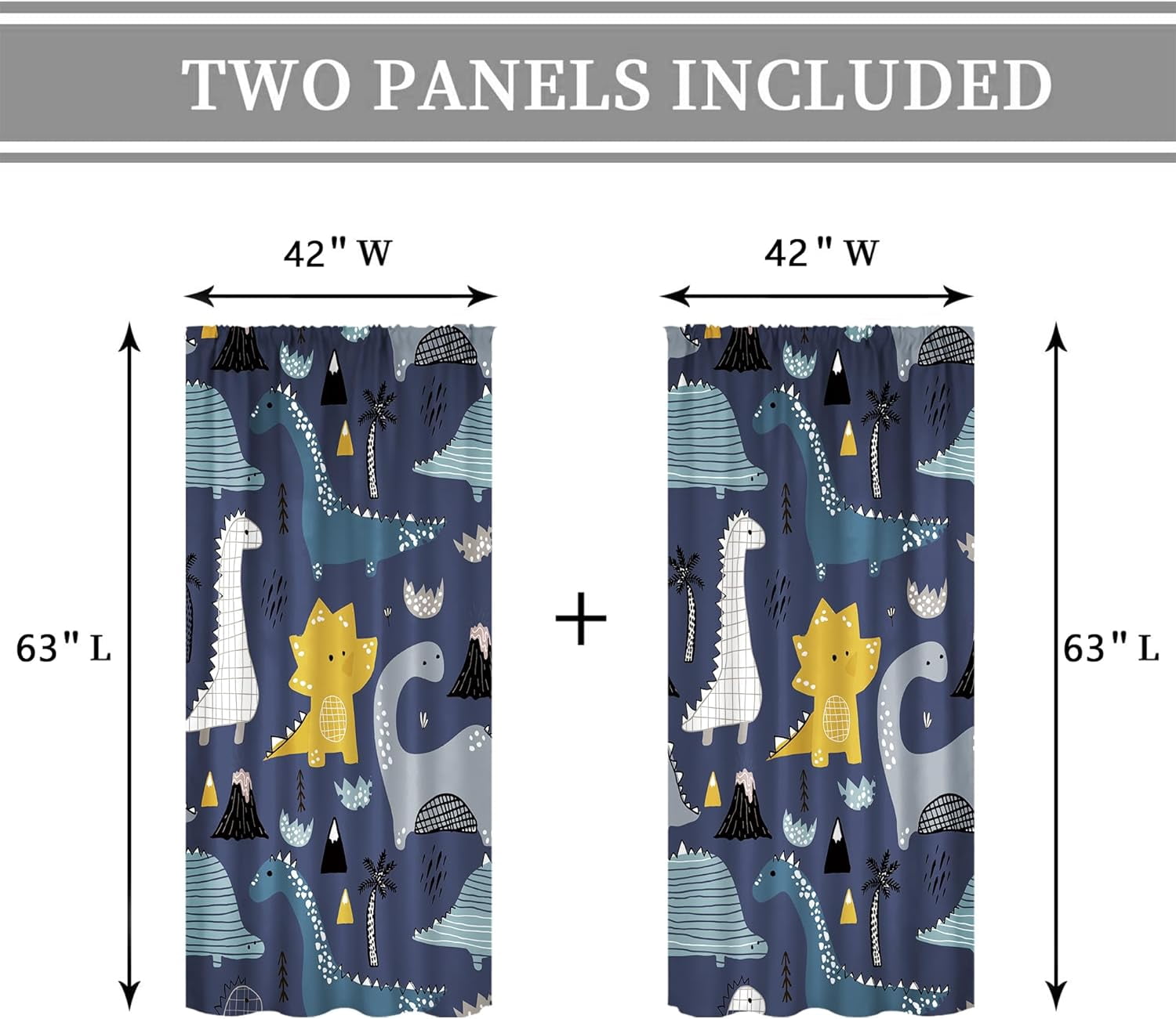Kids Dinosaur Curtains 42Wx63H Inch Rod Pocket Cute Cartoon Dark Blue Dino Toddler Nursery Funny Animal Art Printed Room Decor Living Room Bedroom Window Drapes Treatment Fabric 2 Panels