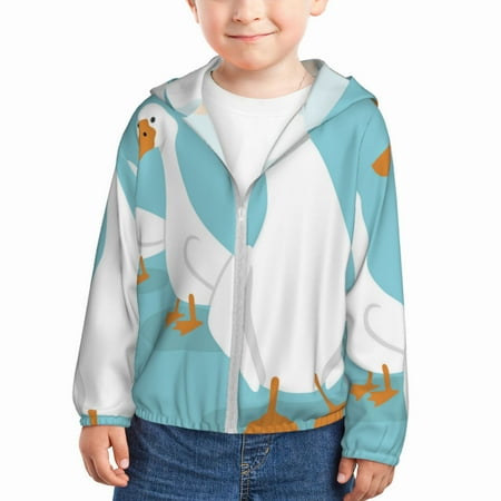 

Qekee Three White Geese Print UPF 50+ Kids Sun-Protective Hooded Long Sleeve Rash Guard for Fishing Water Beach Sports -5 Years