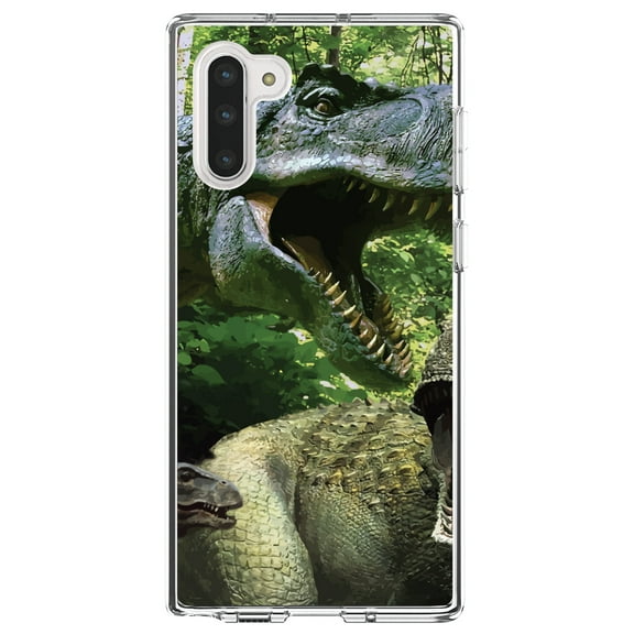 DistinctInk Clear Shockproof Hybrid Case for Samsung Galaxy Note 10 (6.3" Screen) - TPU Bumper, Acrylic Back, Tempered Glass Screen Protector - T-Rex Dinosaurs Raptor
