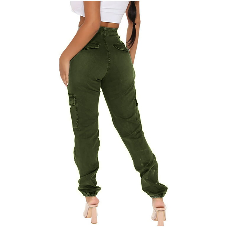 Camo Cargo Pants for Women Slim Fit High Waisted Cut Out Ripped Jean Work Pants  with Multi Pockets Plus Size (Medium, Army Green) 