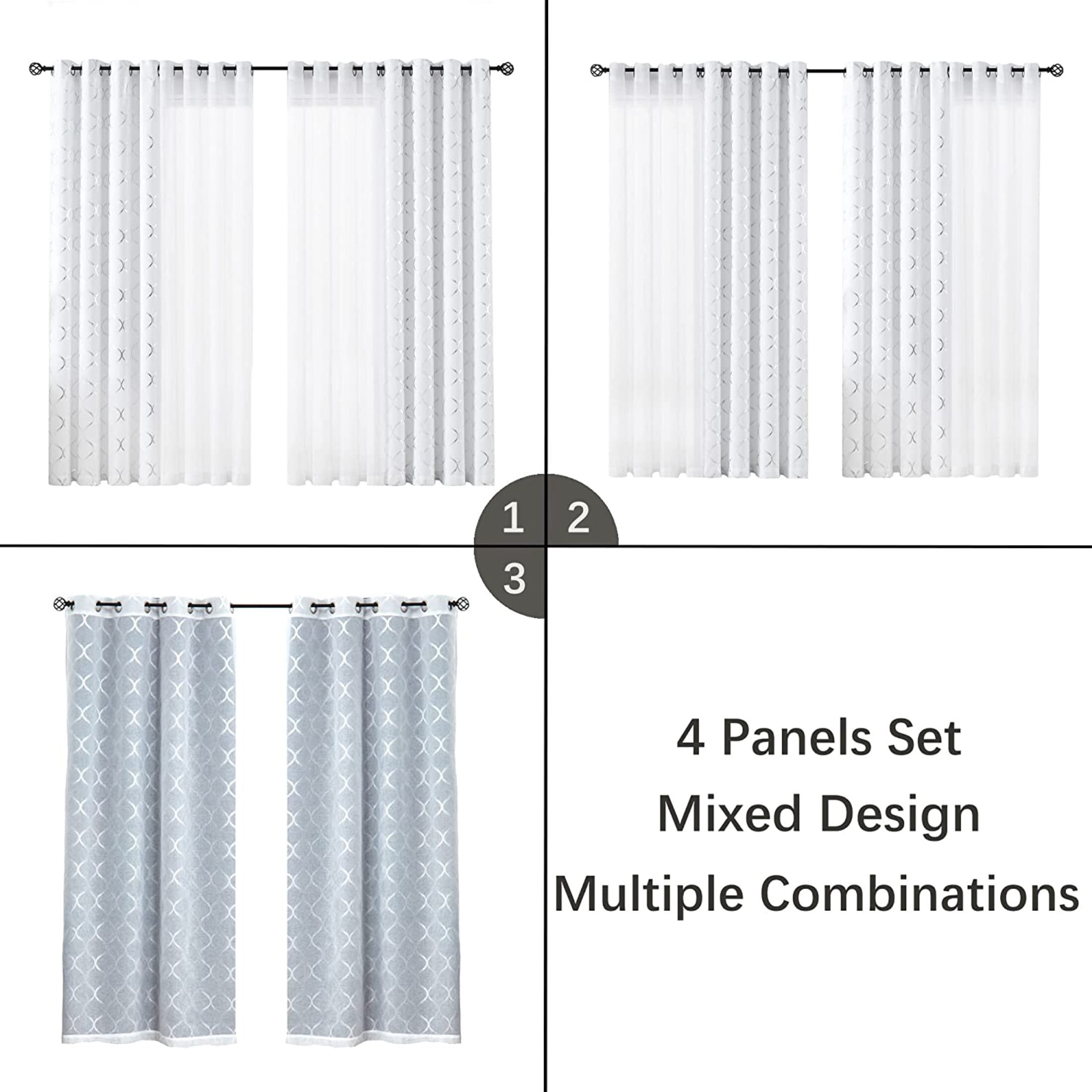 Pinewave White Blackout Curtains Mix and Match Geometric Silver Patterned,Sheer Drapes for Living Room,52w"x63L"x4,Grommet Top