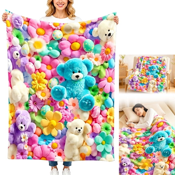 Cute Plush 3D Throw Blanket, Soft Teddy Bear Design, Cozy Warm Flannel Fabric for Bedroom, Sofa, Dorm, Movie Nights, Holiday Gifts