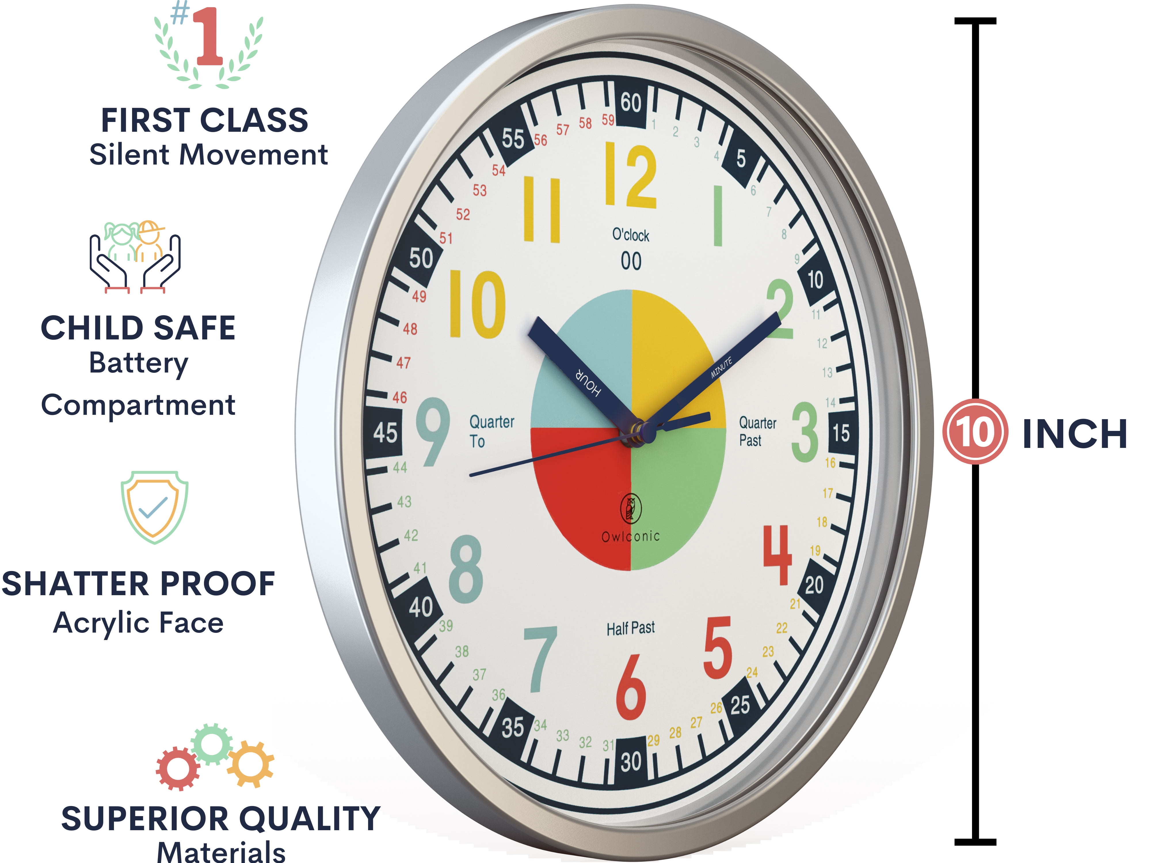 Owlconic® Kids Learning Wall Clock, Silent Analog Teaching Clock, 10 Inch, Multicolor