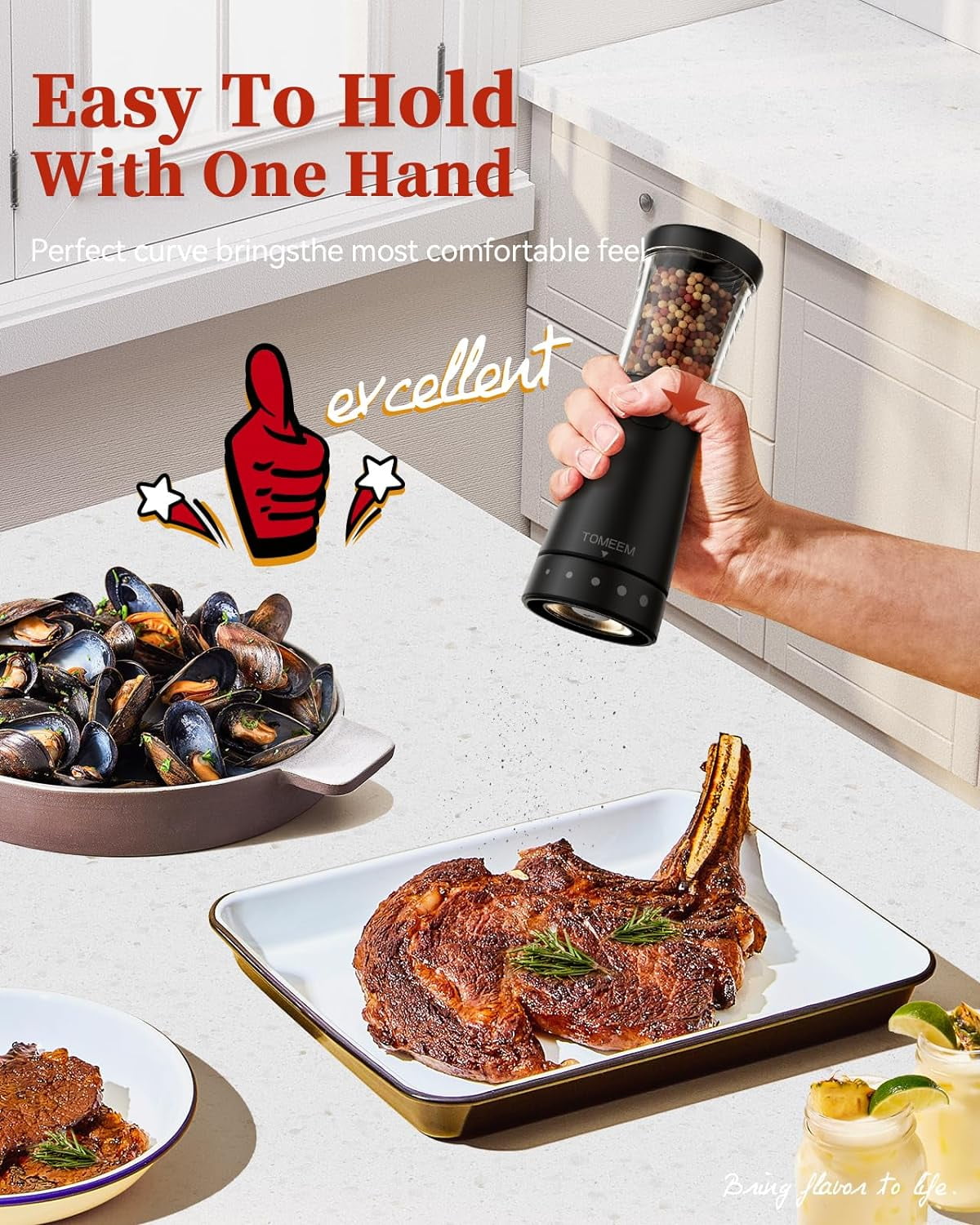 Tomeem Electric Salt and Pepper Grinder Set Rechargeable Adjustable Coarseness Stainless Steel Automatic Shaker with Light