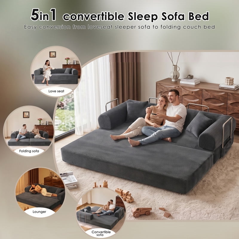 Anpport 78.8" Compression Boneless Sectional Sofa, Convertible Floor Sleeper Bed with Pillow Back Armrest, Corduroy Fabric, Grey, for Living Room Bedroom