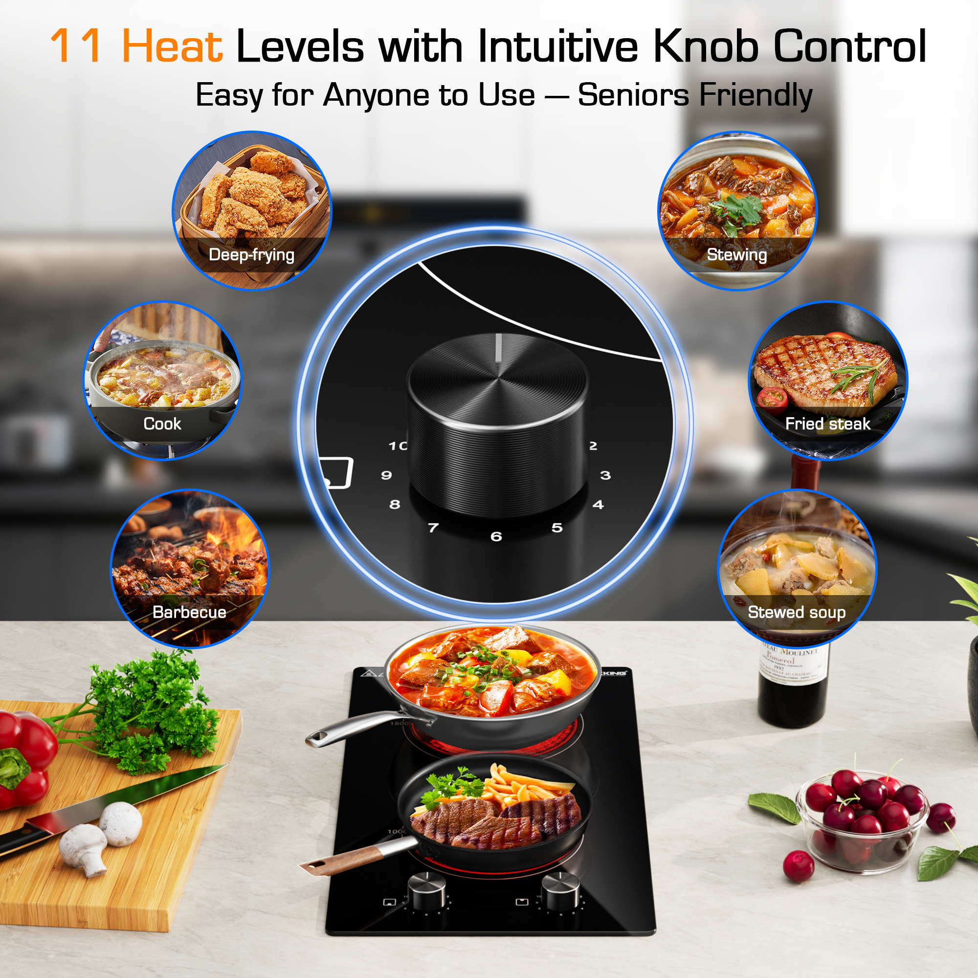 12 Inch 2 Burner Electric Cooktop, 1800W Ceramic Electric Stove Top, 120V Plug-in Radiant Countertop & Built-in Cooktop, 11 Heat Levels, Knob Control, Residual Heat Indicator