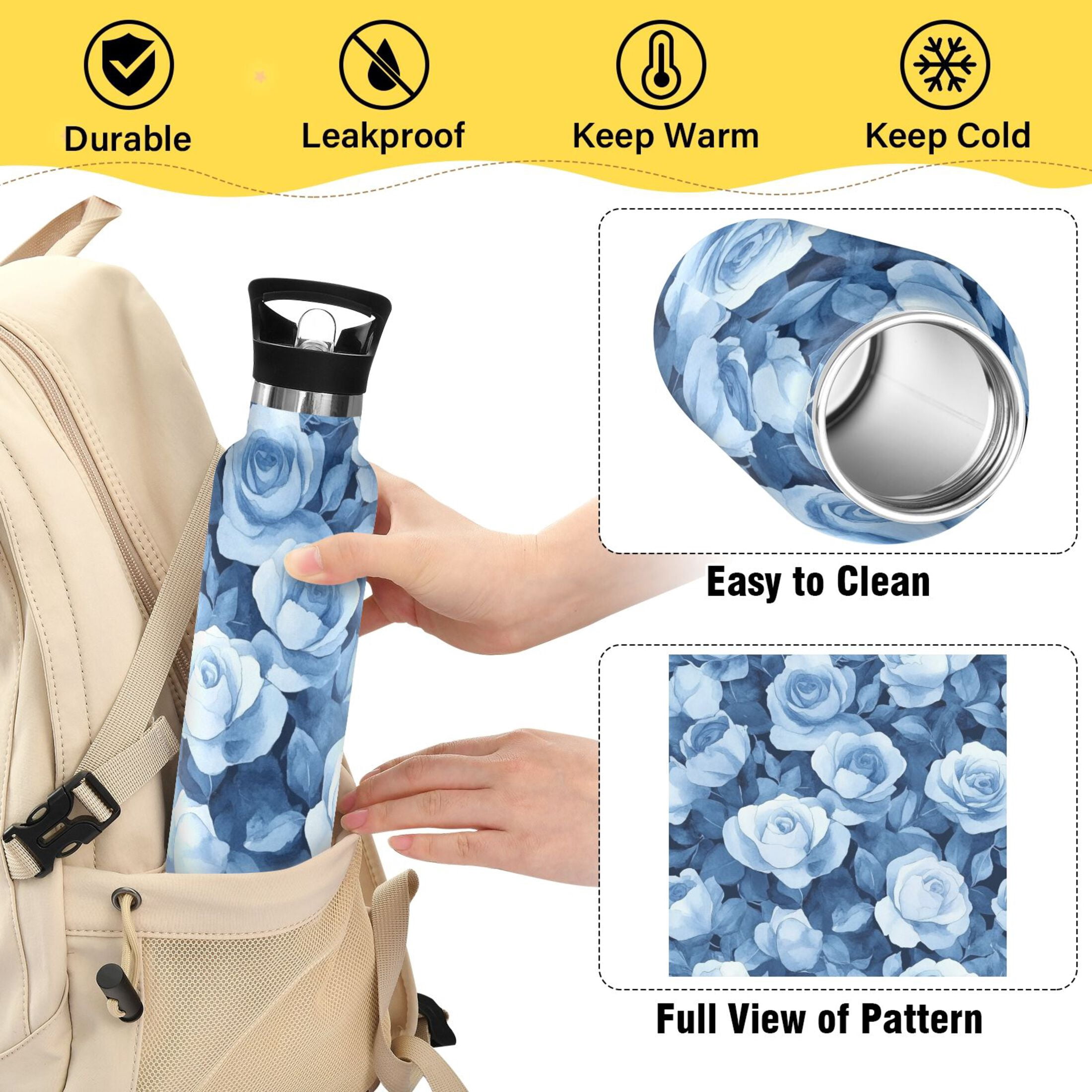 600ML Stainless Steel Insulated Cup Sports Water Bottle Portable Thermos Cup Water Glasses Insulated Tumblers Convenient and Durable Blue Roses