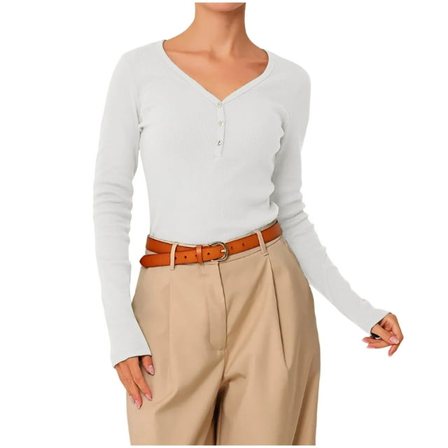 RXMEKW Long Sleeve V-Neck Base Layer Shirt For Women, Casual Solid Color Polyester Top