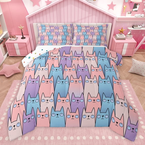 Castle Fairy Cartoon Cats Twin Comforter Sets for Children,Blue Pink Purple Bedding Set