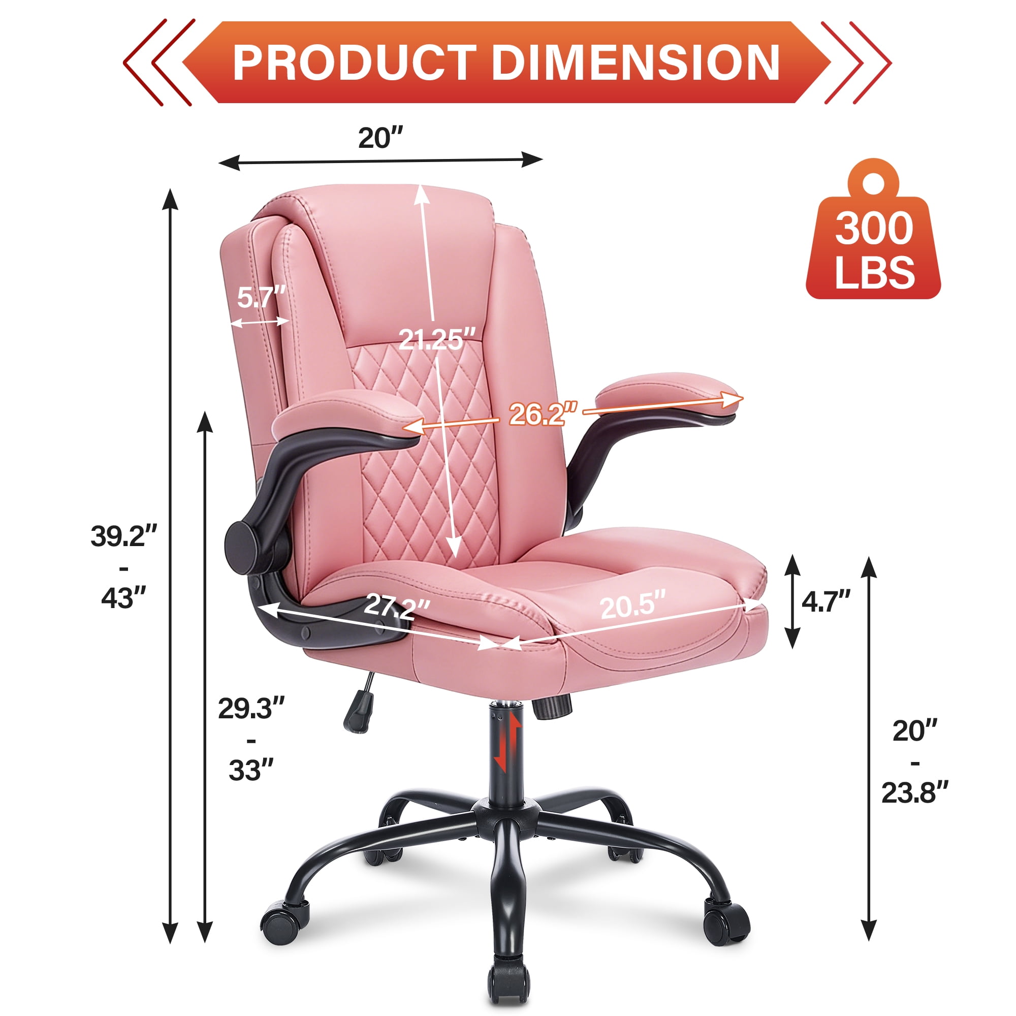 Fantasylab Executive Ergonomic 300LBS PU Leather Home Office Desk Chair, Computer Desk Chair with Adjustable Armrest,PINK