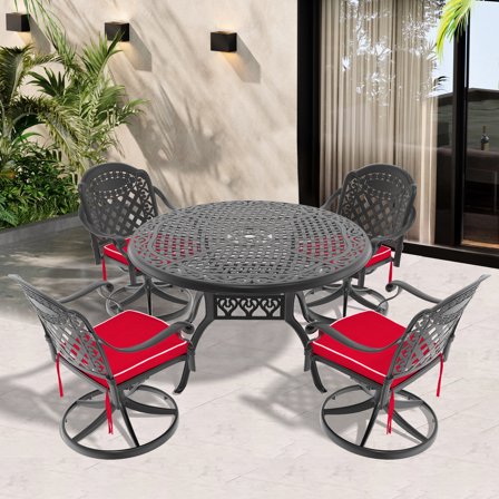 5-Piece All-Weather Cast Aluminum Dining Set: 4 Swivel Chairs & 48" Round Table with Umbrella Hole, Black Frame, Weather/Corrosion/UV Resistant, Comfortable Cushions for Garden & Patio Use