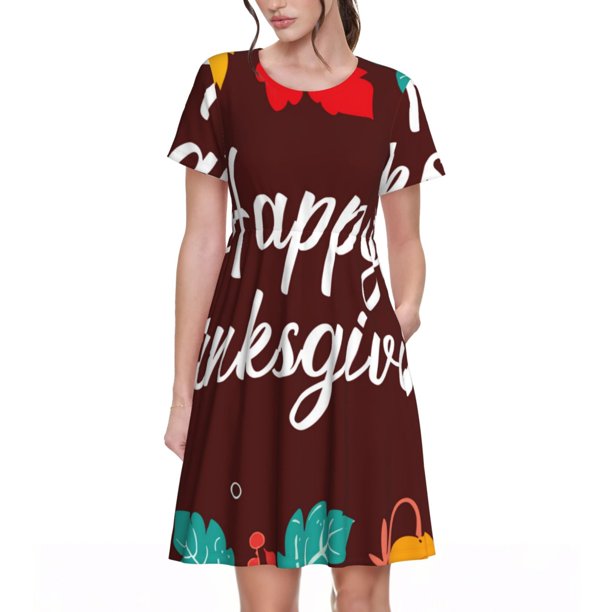 Balery Happy Thanksgiving Vestidos sueltos de manga corta para mujer, vestidos de verano 2025, vestidos casuales de corte A con vuelo.