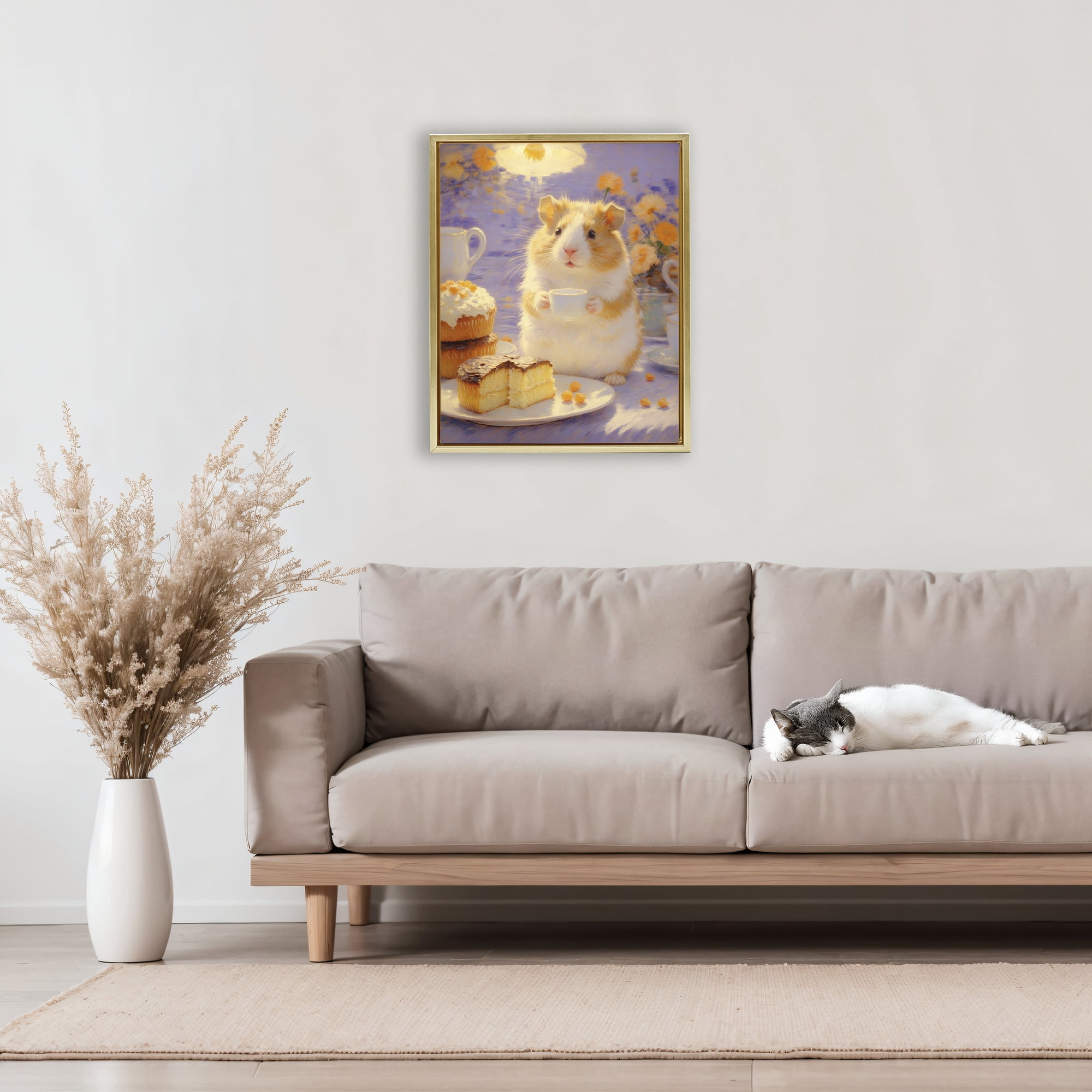Stupell Industries Hamster Tea Party with Cake Gold Framed Floater Canvas Wall Art, design by Angie Hawke
