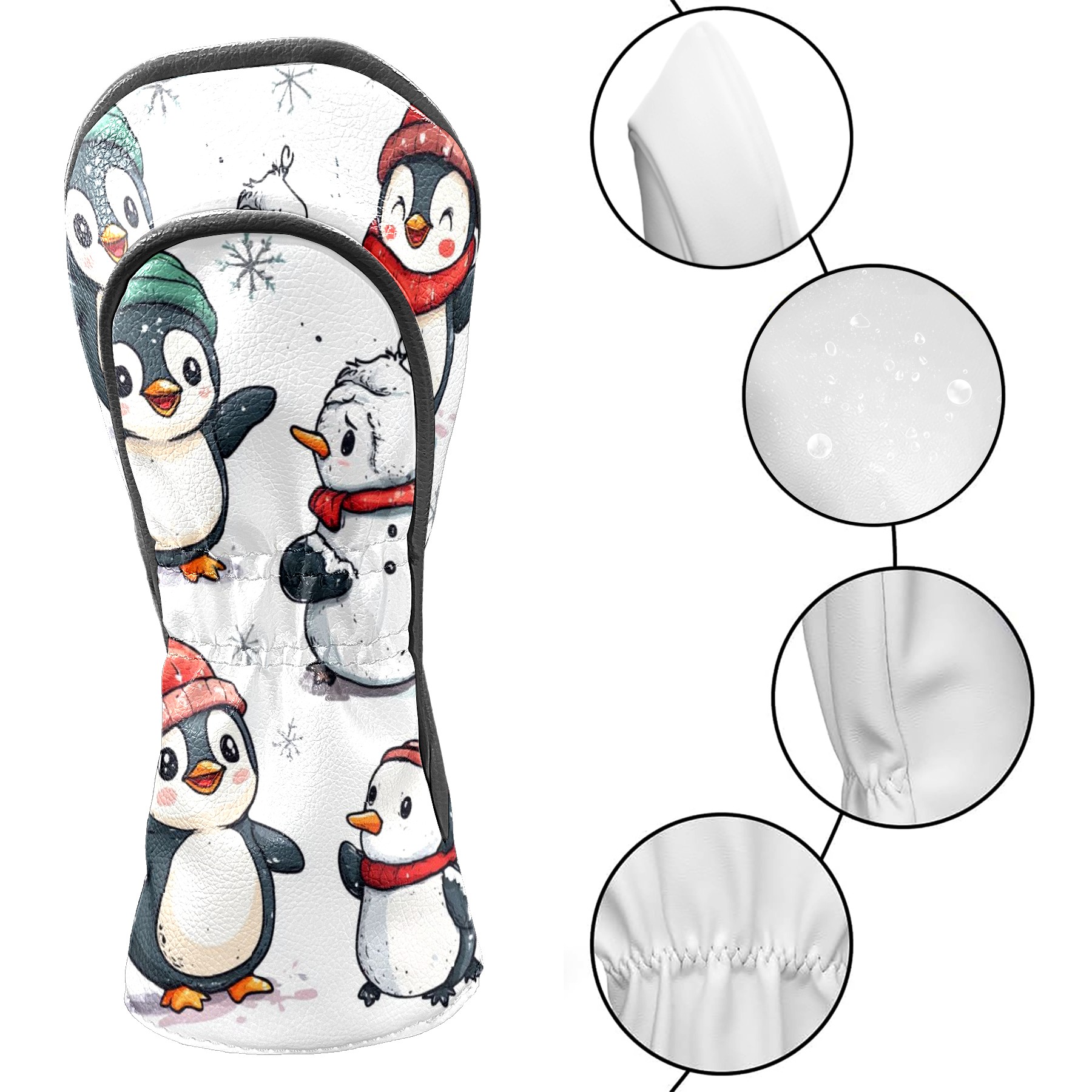 Golf Head Covers Winter Penguins Design for Driver, Wood & Hybrid, Premium Waterproof PU Leather with Plush Lining, Festive Winter Golf Gifts