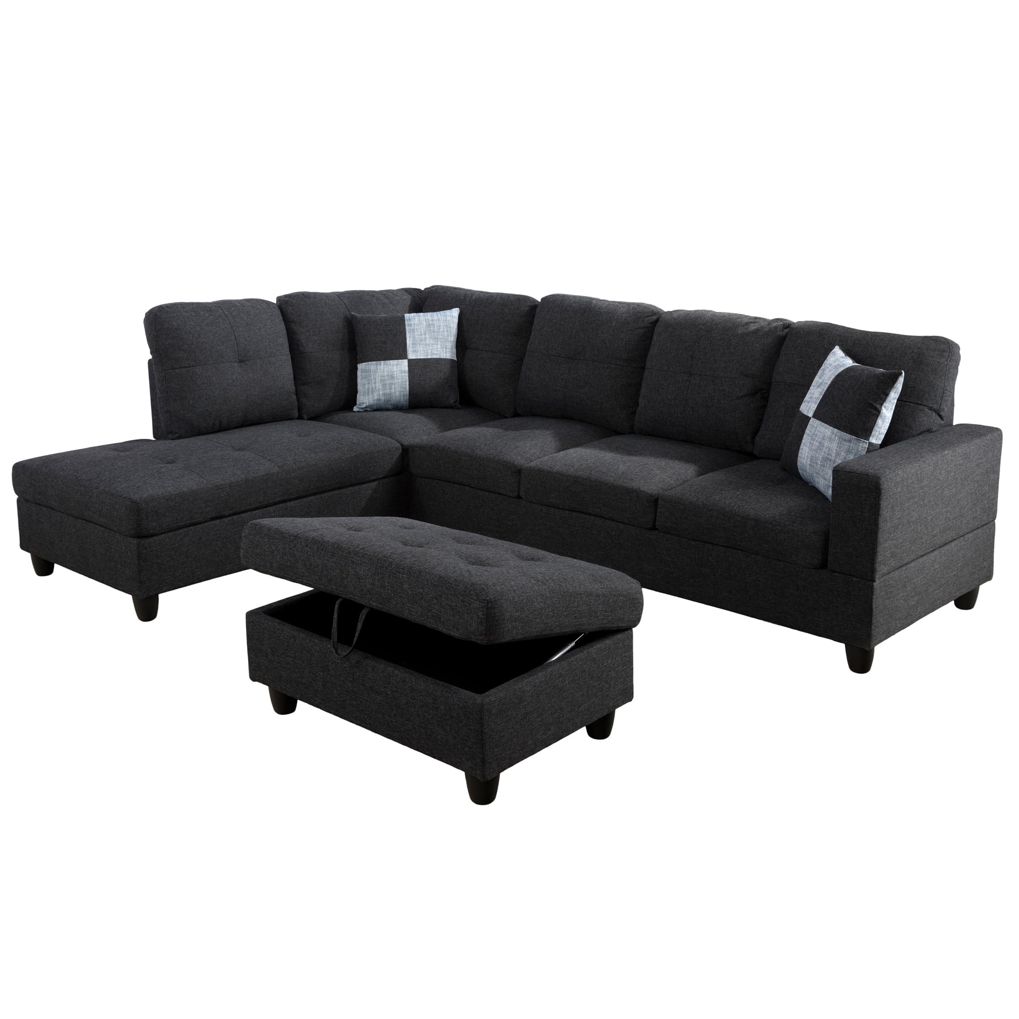 Aukfa 103" Sectional Sofa with Storage Ottoman, L Shape Couch for Living Room, Left Facing Chaise, Linen, Dark Gray