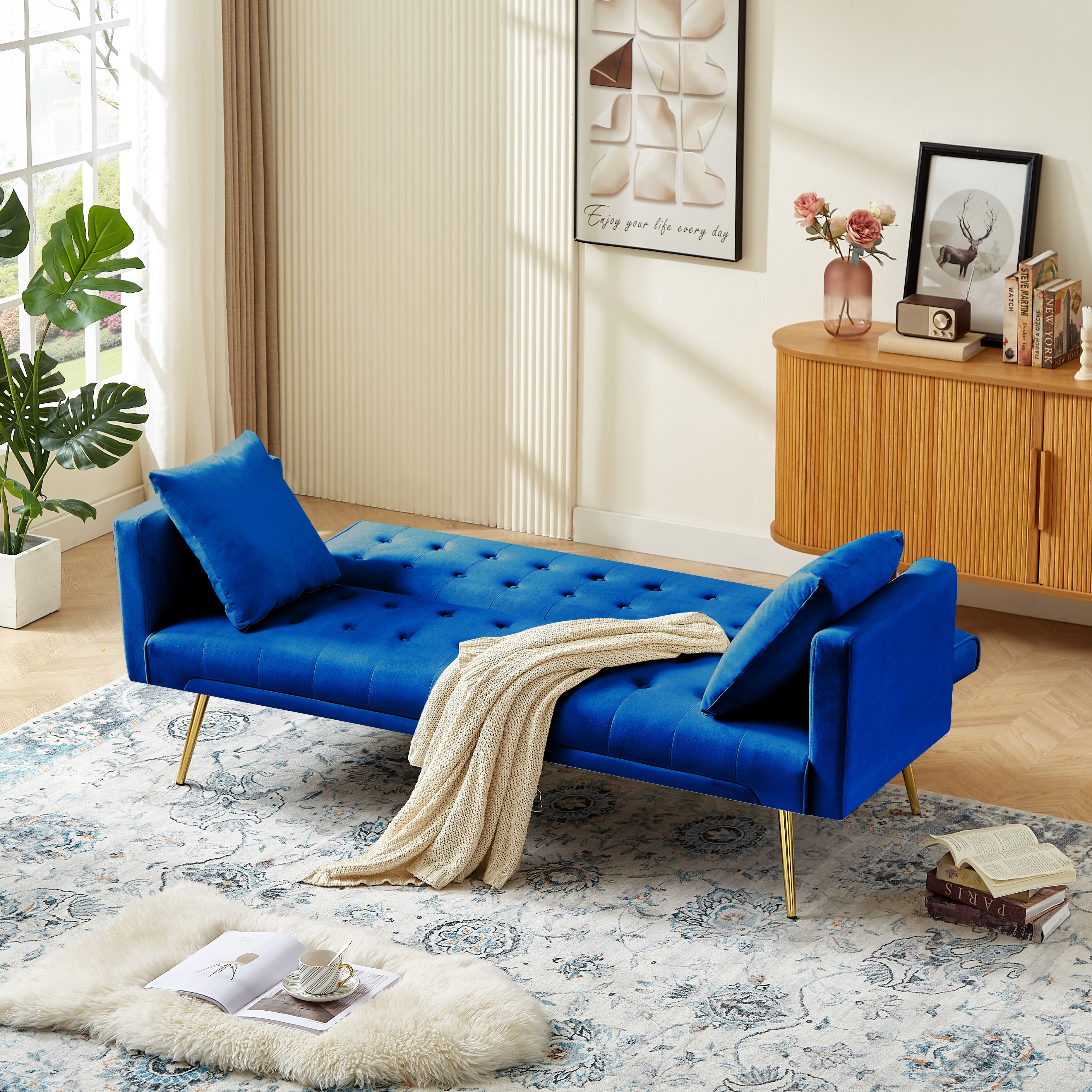 Bianlte Modern Velvet Futon Sofa Bed,Convertible Sleeper Sofa Couch with 3 Adjustable Couch Loveseat with Metal Leg for Living Room and Bedroom,Blue