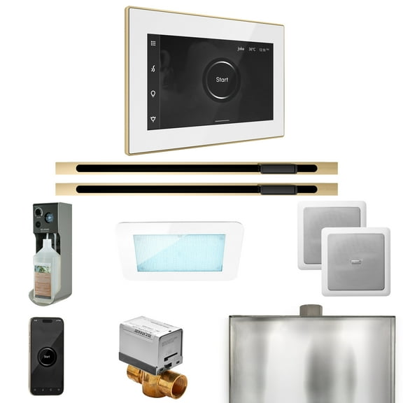 Mr Steam XDream Max Steam Shower Pkg w/iSteamX Control and Linear Steamhead in White Polished Brass