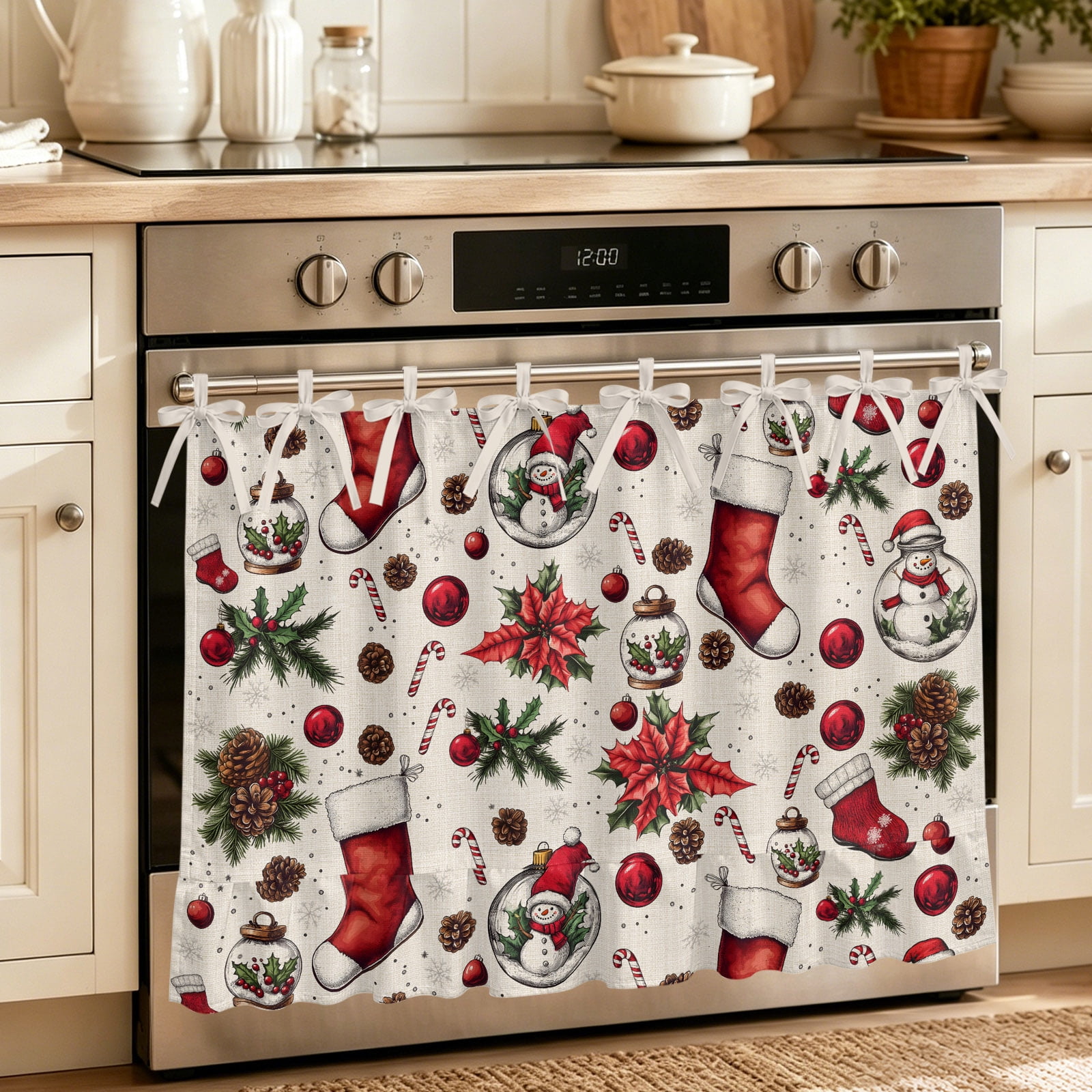 Oven Curtain for Kitchen Christmas Stocking Snowman Holly Stove Curtain With Ruffled Trim Dishwasher Curtains Pinecone Poinsettia on Flax Oven Skirt 27 x20