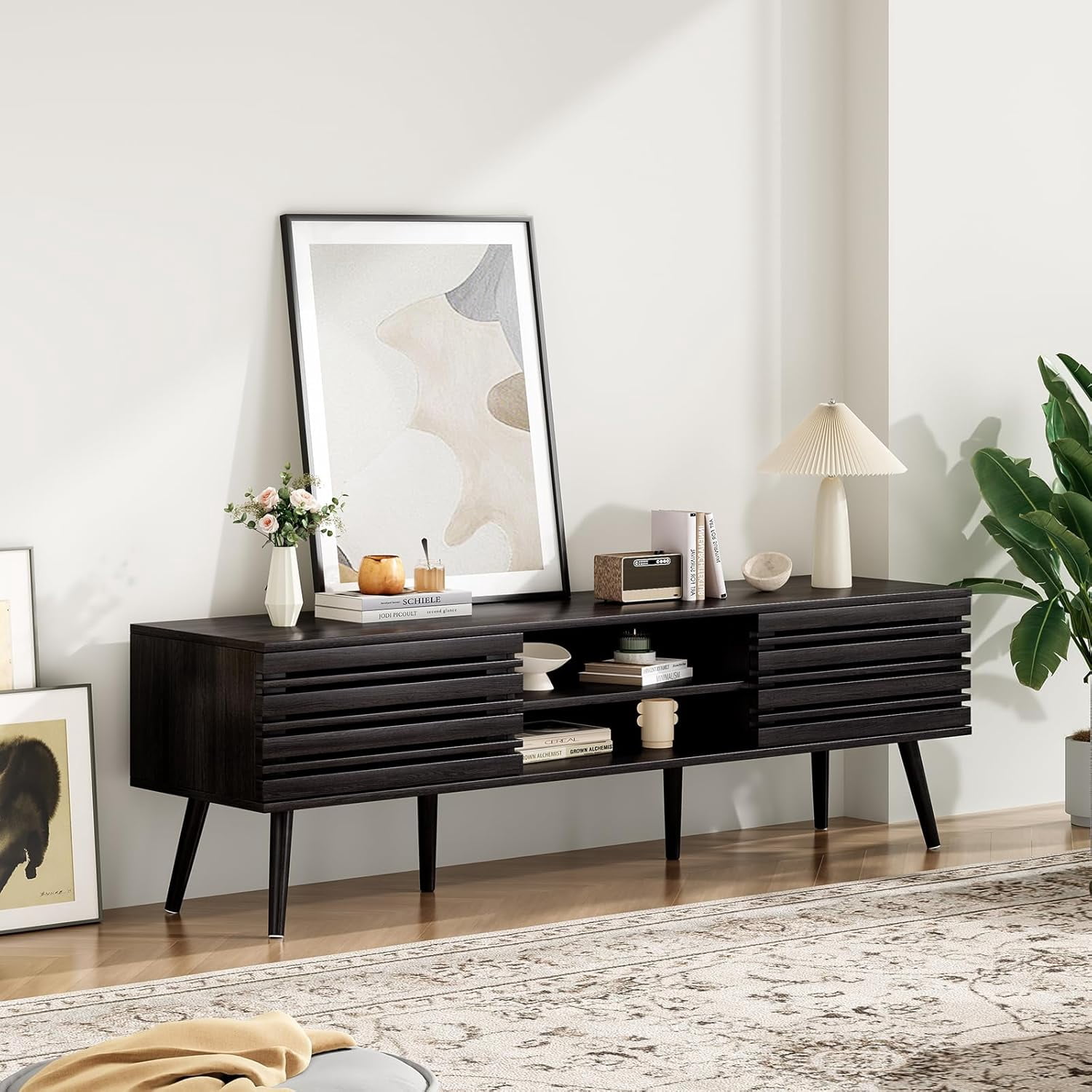 STARY Mid Century Modern TV Stands for up to 70" TV with Storage, Fluted Wood TV Stand for Living Room, Boho Media Console, Entertainment Center with Cable Management