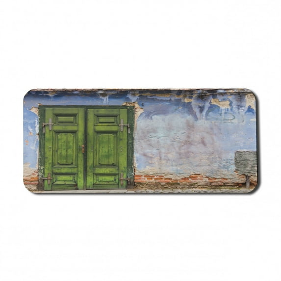 Rustic Computer Mouse Pad, Colored House a Pastel Weathered Door Old Days Back Then Buildings Photo, Rectangle Non-Slip Rubber Mousepad X-Large, 35" x 15" Gaming Size, Blue Green, by Ambesonne