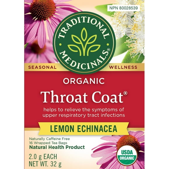 Traditional Medicinals Throat Coat Lemon Echinacea, 16 Wrapped Tea Bags