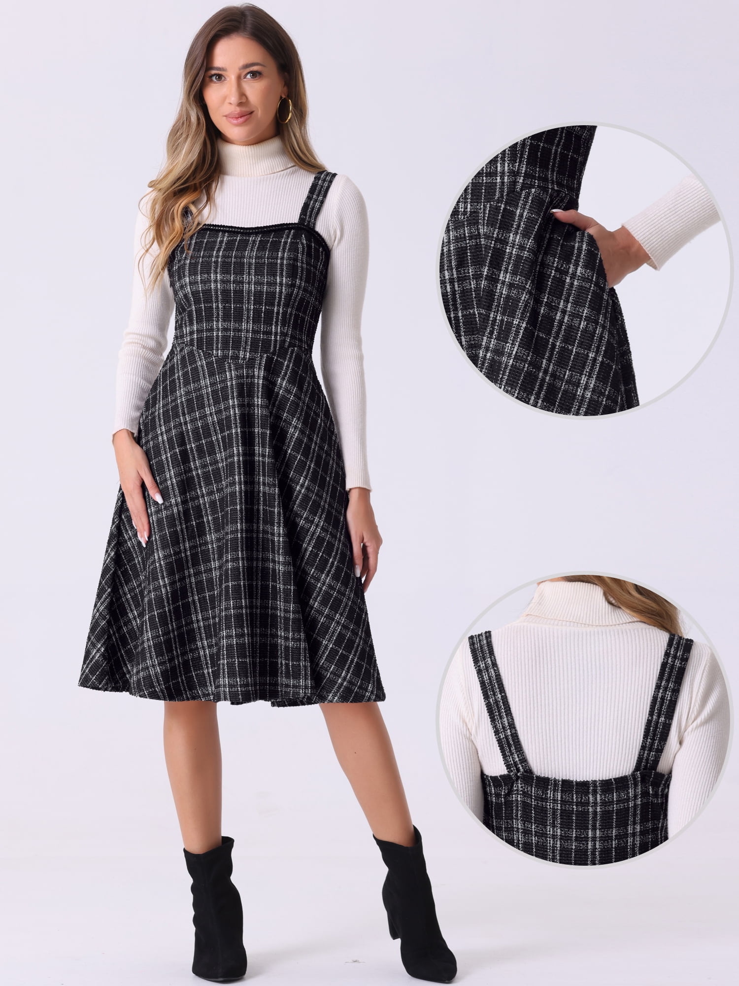 DARING DIVA Women's Sleeveless Square Neck Plaid A Line Pinafore Dresses XL Black