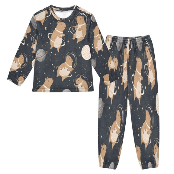 Fluffy Pajamas Set Fuzzy Winter Warm Pj Sets Pullover Tops and Long Pants Capybara Astronauts X-Small