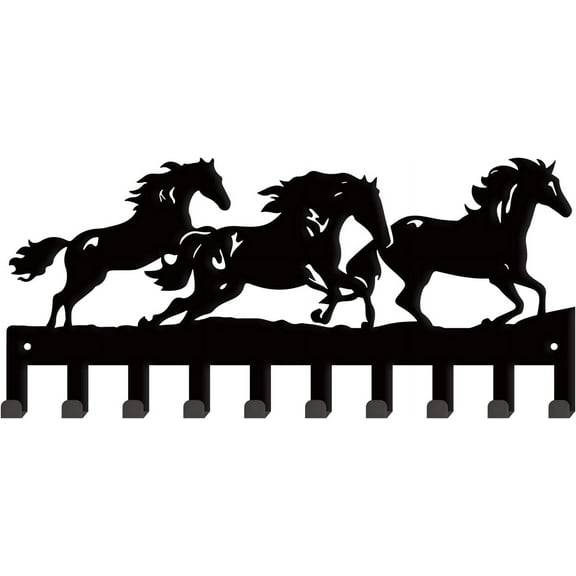 Horses Metal Key Holder Animal Decorative 10 Hook Key Rack Organizer Wall Mounted Entryway Key Belt Umbrella Hooks Personalized Key Hanger for Wall Front Door Horse Decor Black