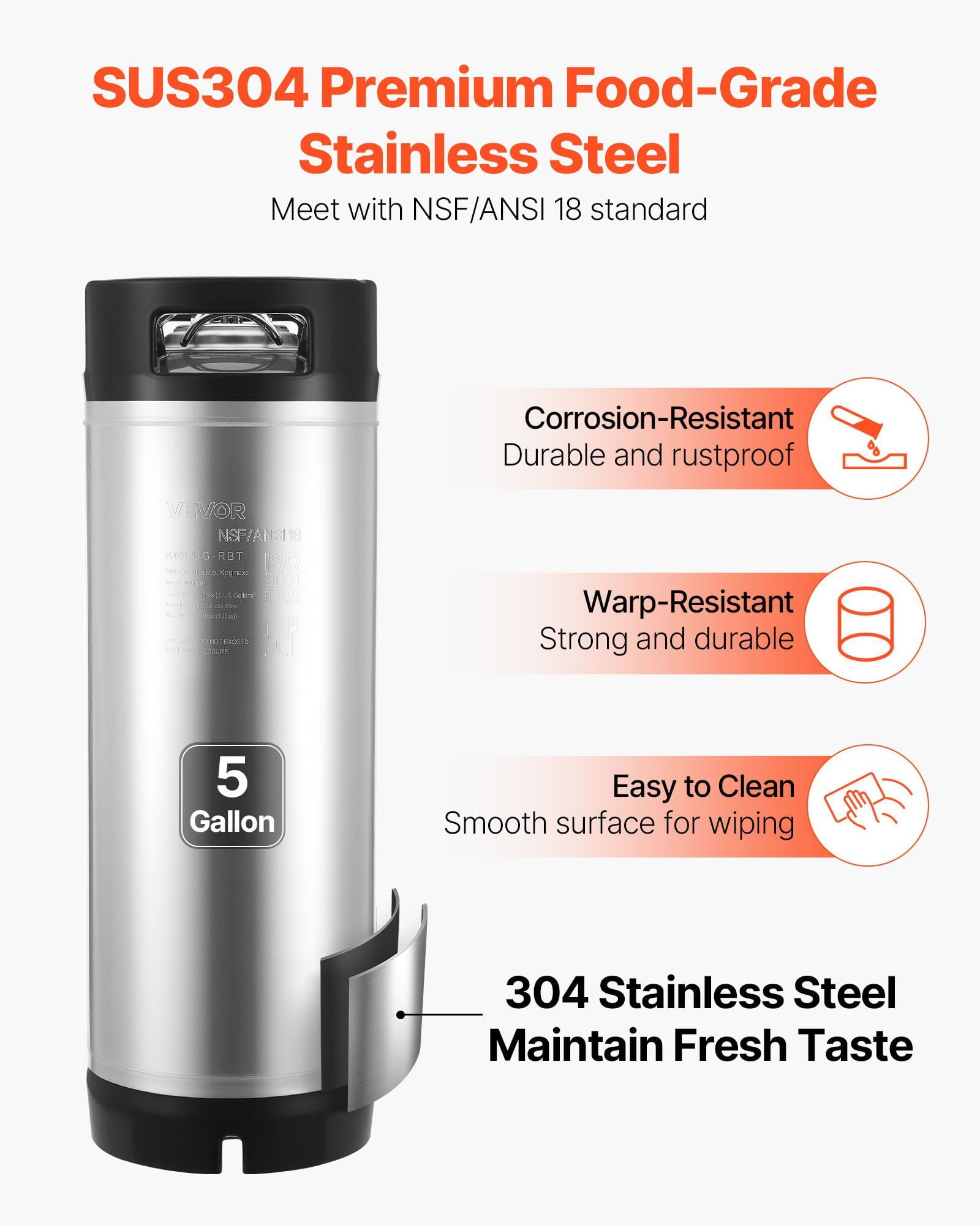 5-Gallon Corny Keg, SUS304 Stainless Steel Ball Lock Cold Brew Keg with Dual Rubber Handles & Heavy-Duty Rubber Bottom, Home Brewing Equipment for Party (1 Pack)