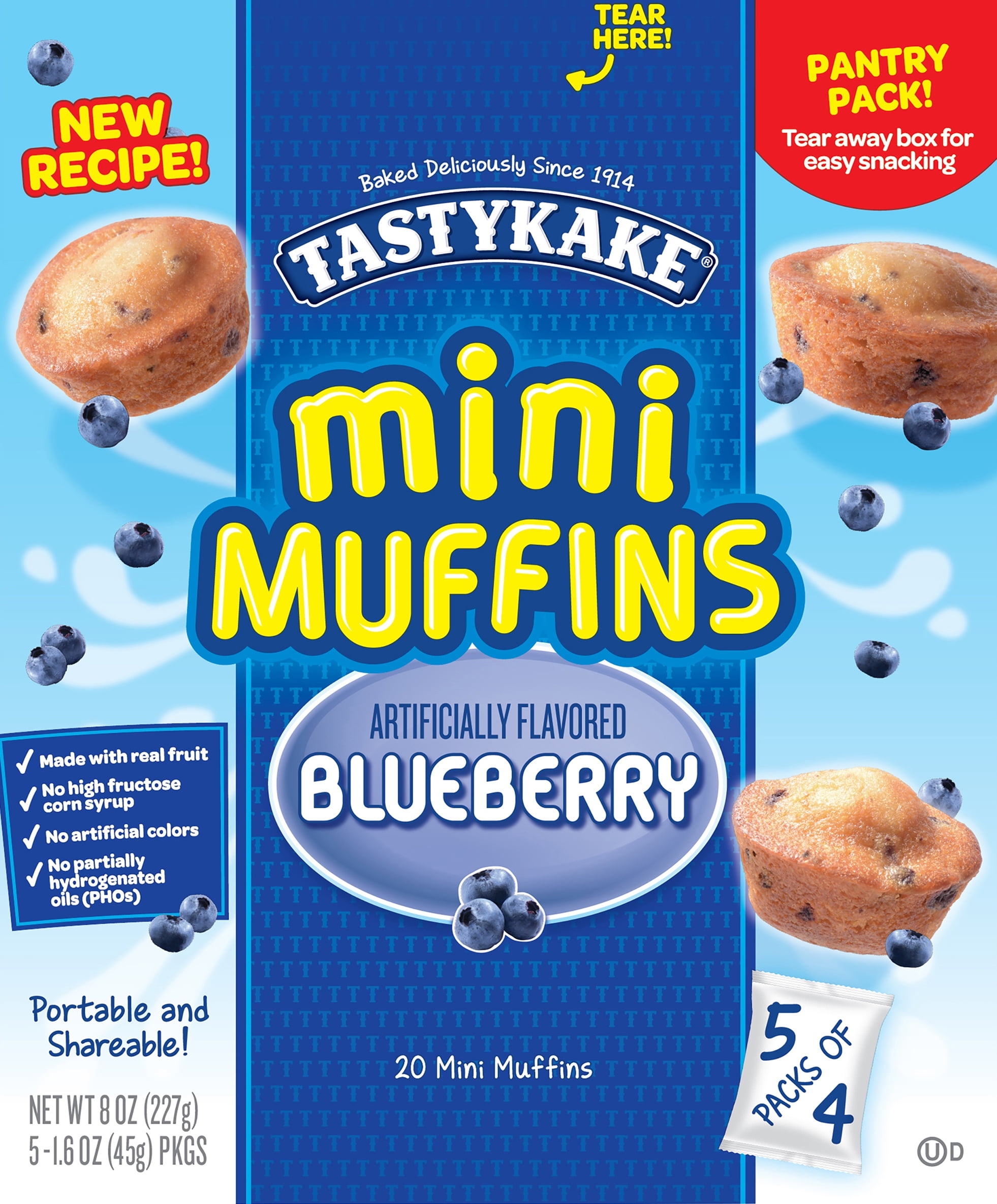 Tastykake Blueberry Flavored Mini Muffins, Portable and Shareable, Blueberry Muffins, 5 Pouches per Box