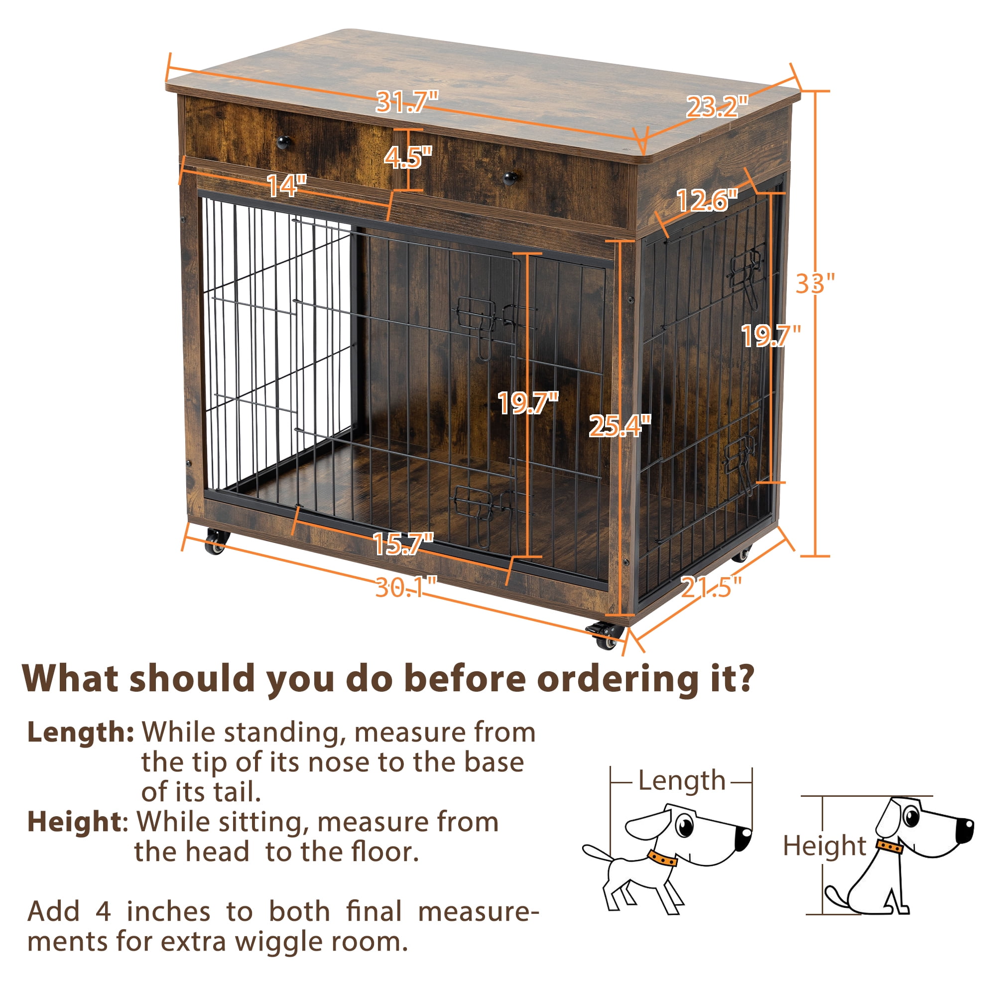 Pefilos 31" Wooden Dog Crate Furniture with 2 Drawers Storage, Indoor Dog Kennel, Heavy Duty Dog Cage for Small, Brown Pefilos 31" Wooden Dog Crate Furniture with 2 Drawers Storage, Indoor Dog Kennel, Heavy Duty Dog Cage for Small, Brown