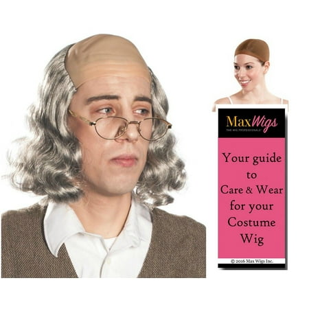 Ben Franklin Color Mixed Grey - Enigma Wigs Bald Cap Founding Father Inventor Bundle w/ Cap, MaxWigs Costume Wig Care Guide