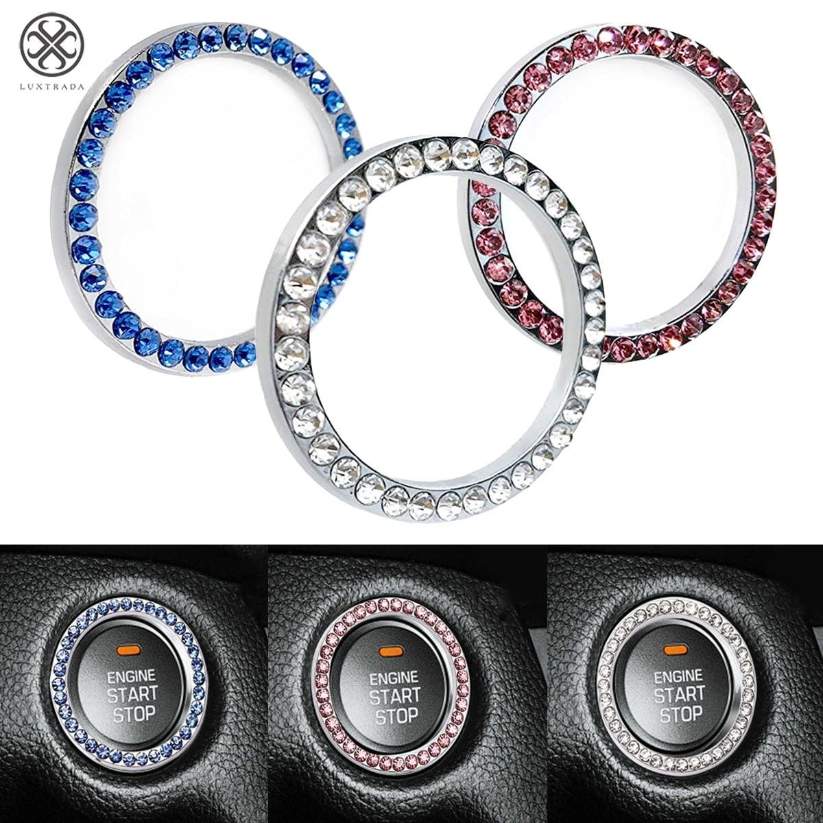 Push to Start Button Key Ignition & Knob Bling Ring Bling car Accessories LivTee 2 PCS Crystal Rhinestone Car Engine Start Stop Decoration Ring Pink 