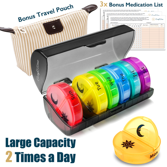 ComfiTime Pill Organizer – Weekly Medicine Organizer, 2 Times a Day, Travel Pill Box with AM/PM Daily Pill Containers, 7 Day Pill Case Holder for Medication &Vitamin Supplement, Pill Dispenser/Sorter