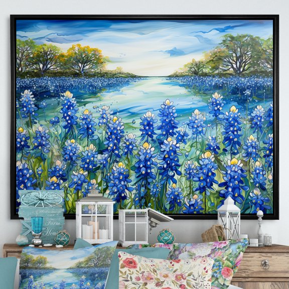 Designart "Tranquil Blue Bonnets Meadow I" Flower Field Floater Framed Canvas Wall Art