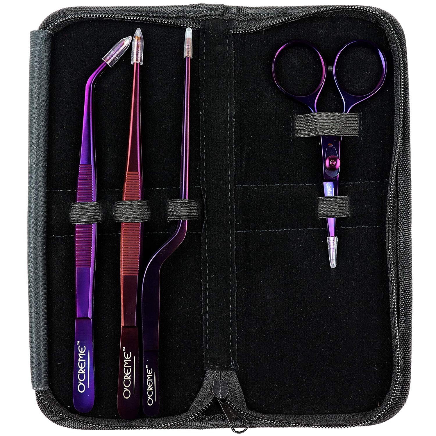 O'Creme Set of Culinary Tweezer Tongs 8 Inch Straight, 8 Inch Offset and 8 Inch Curved, Plus Super Sharp Chef Scissors, Total 4 Pieces Purple