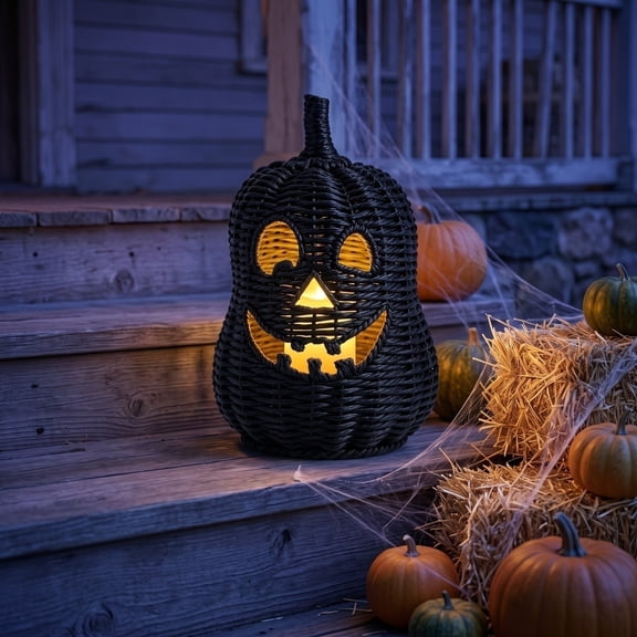 HALLOWEEN 2026 Black Halloween Woven Pumpkin Jack-O'-Lantern, USE LED Candle, Rattan Fall Halloween Decor for Home, 1Pack 11-Inch