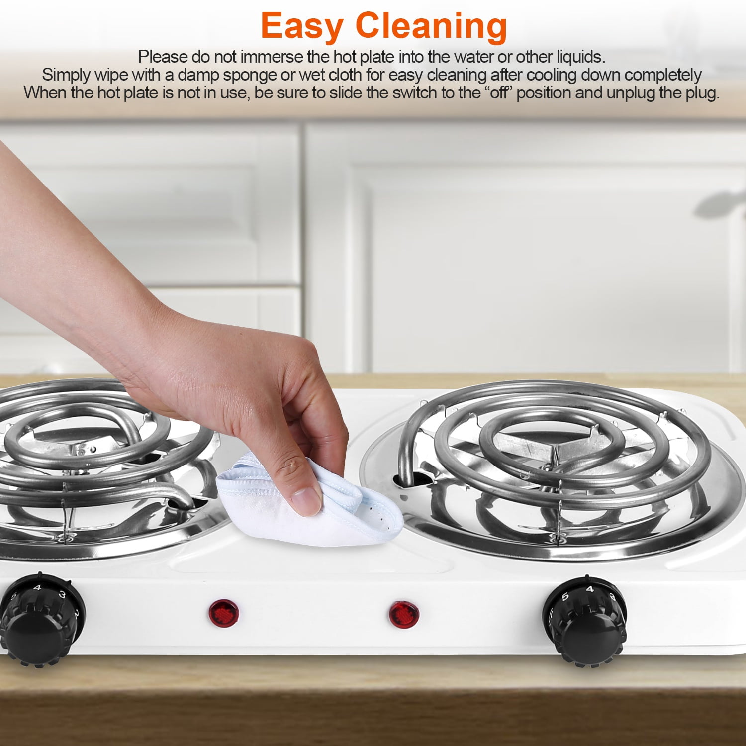 Moclever 2000W Double Burner Electric Hot Plate, Portable Coil Stove with 5 Temperature Settings, Non-Slip Feet for Countertop RV Dorm, White