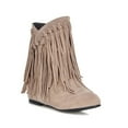 thumbnail image 5 of VKEKIEO Cowboy Boots for Women Tassel Peak Toe Ring Mid Heel Booties Fringe Slip-On Beige, 5 of 9