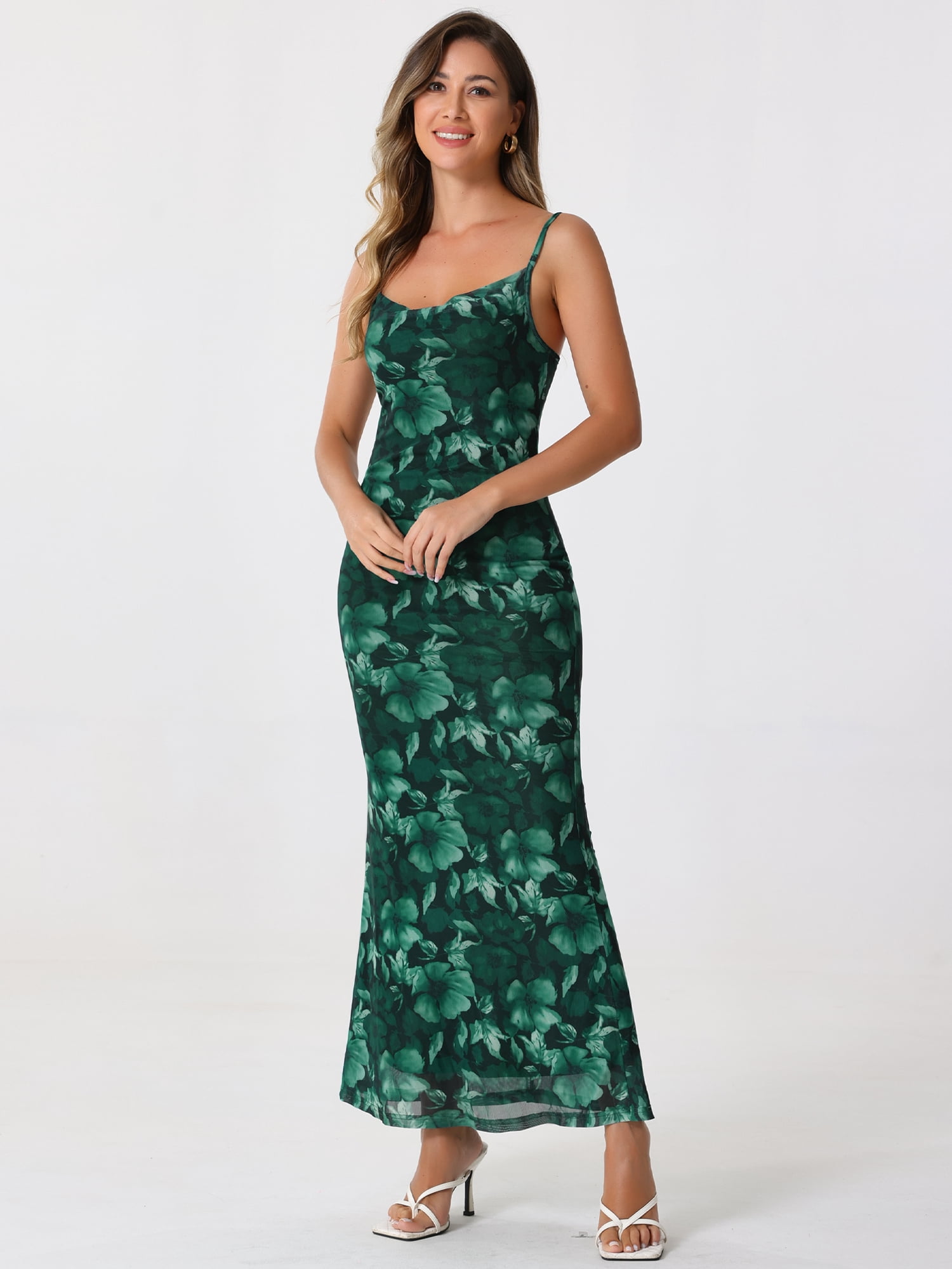 DARING DIVA Floral Maxi Spaghetti Strap Bodycon Dress L Dark Green