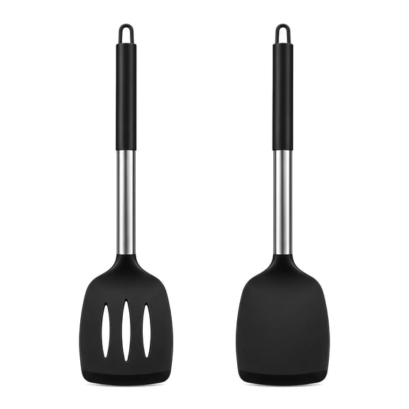 Pack of 2 Silicone Turner Spatulas, Non Stick Slotted Solid Kitchen Utensils, High Heat Resistant & BPA Free, Ideal for Fish Eggs Pancakes - Black