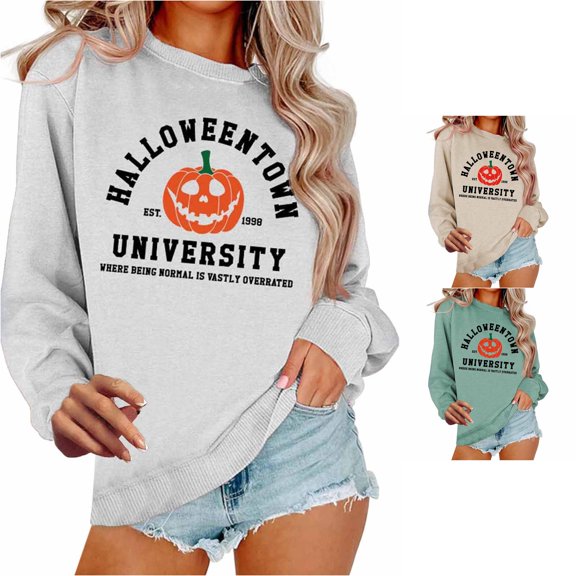 Womens Casual Halloween Long Sleeve Round Neck Sweatshirt Loose Tops White XXL