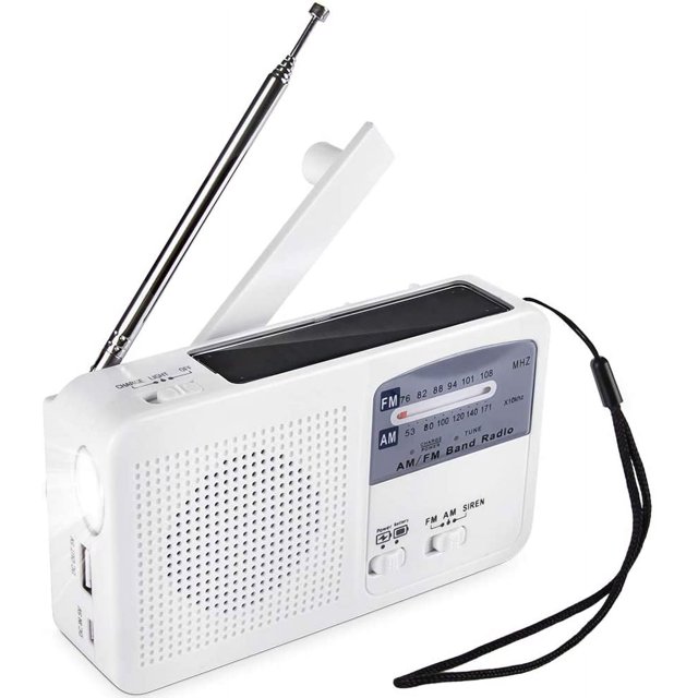 NOAA Radio AM FM Dinamo de manivela Radio con energía solar Radio de emergencia multifunción con luz LED Sirena Batería portátil (Blanco) Sincero Electrónica