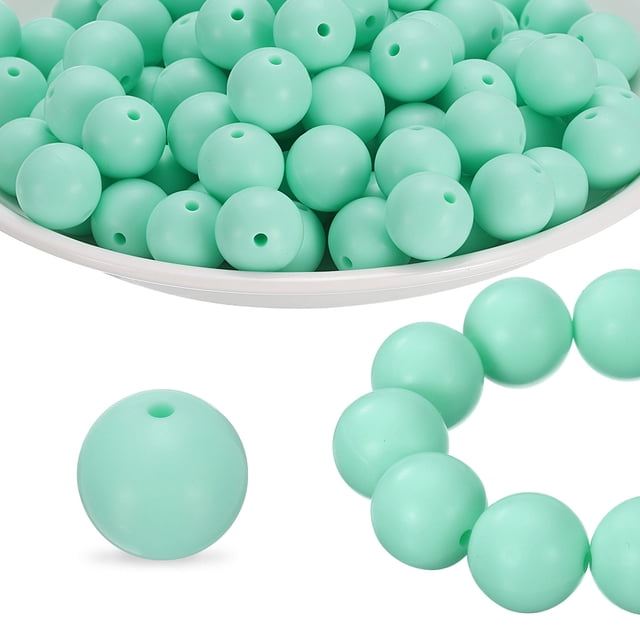 Uxcell 40Pcs Perlas de Silicona de 15mm Perlas de Silicona a Granel para Bolígrafos Redondas Sueltas para Llaveros Pulseras Collares Manualidades DIY Color Verde Menta