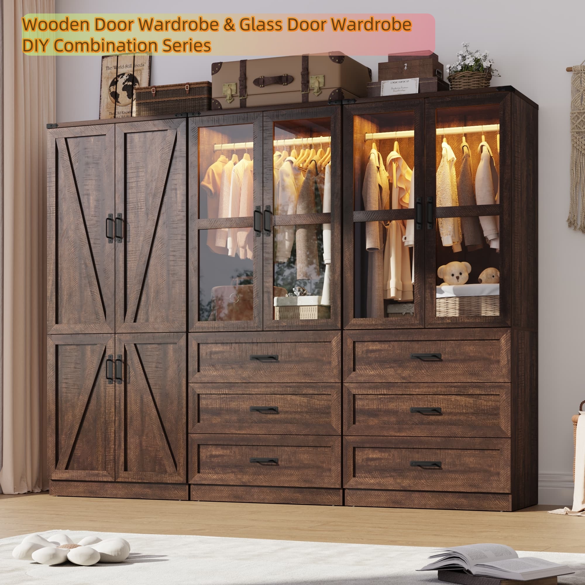 2 Glass Doors Armoire Wardrobe Closet with 3 Drawer & LED Light,75"H Wardrobe Closet Clothing Organizer with Hanging Rail for Bedroom