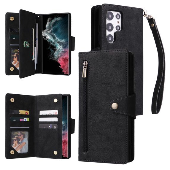 SaniMore for Samsung Galaxy S23 Ultra Case, PU Leather 2 in 1 Zipper Wallet Removeable Wrist Strap Card Slots Cash Pocket Kickstand Shockproof Anti-fall Full Protective Shell, Black