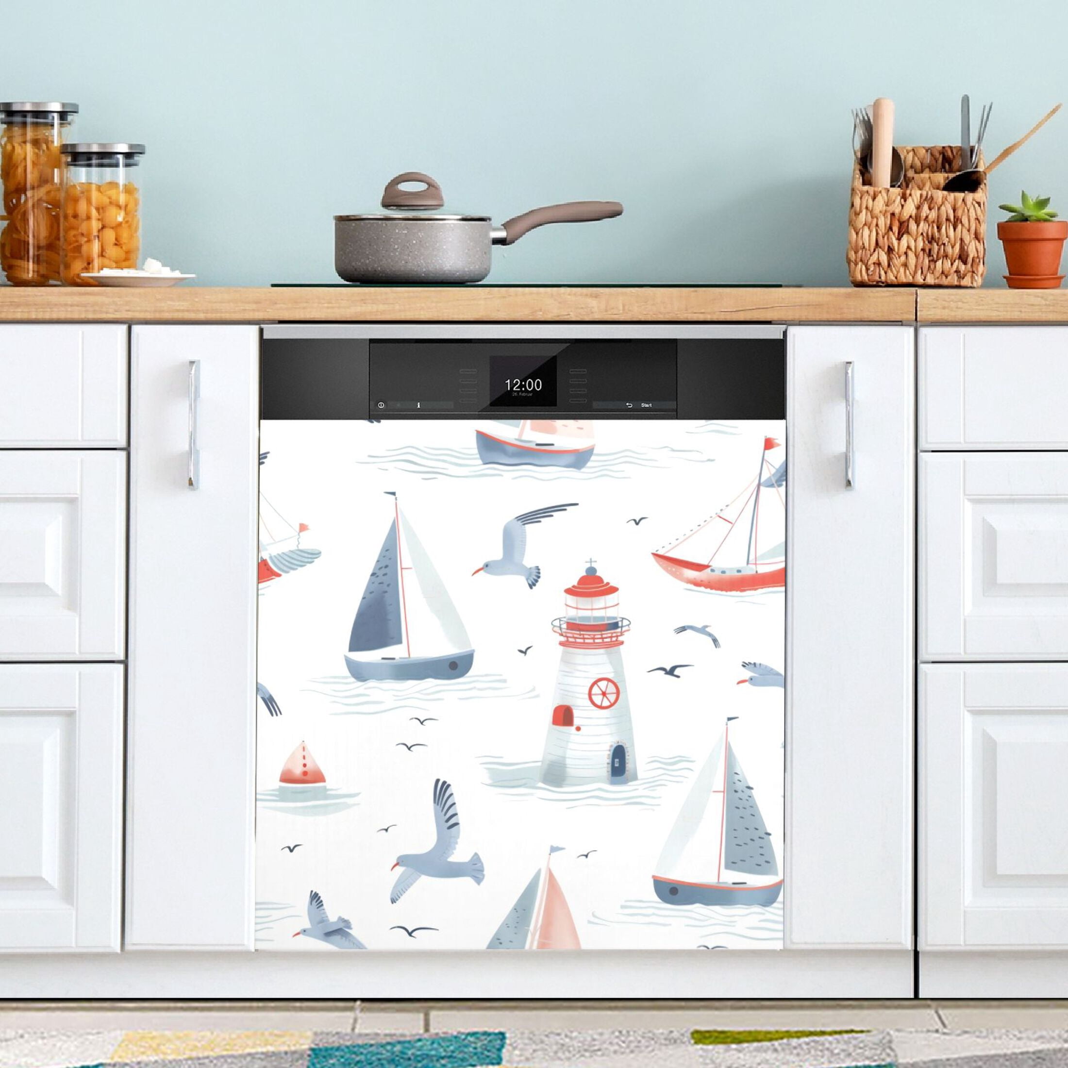 Dishwasher Magnetic Sticker 23x26 Inch Refrigerator Magnetic Sticker Washing Machine Magnetic Sticker Kitchen Panel Magnetic Sticker Home Decor Blue Sailing Lighthouse
