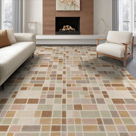 ODIKA 8'x10' Tan Geometric Patchwork Abstract Washable Area Rug Interlocking Tile Mosaic Faceted Squares Modern Repeat Non-Slip Chair-Friendly Mat for Dining Room, Large Office, Lounge