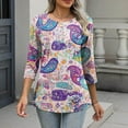 thumbnail image 4 of Women's Graphic Printed T-shirts 3/4 Length Sleeve Tees Crew Neck Spring Fall Summer Tops with Buttons (M, Purple), 4 of 7