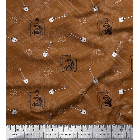 Soimoi Poly Georgette Fabric Construction Helmet & Shovel Tool Hardware Decor Fabric Printed Yard 42 Inch Wide